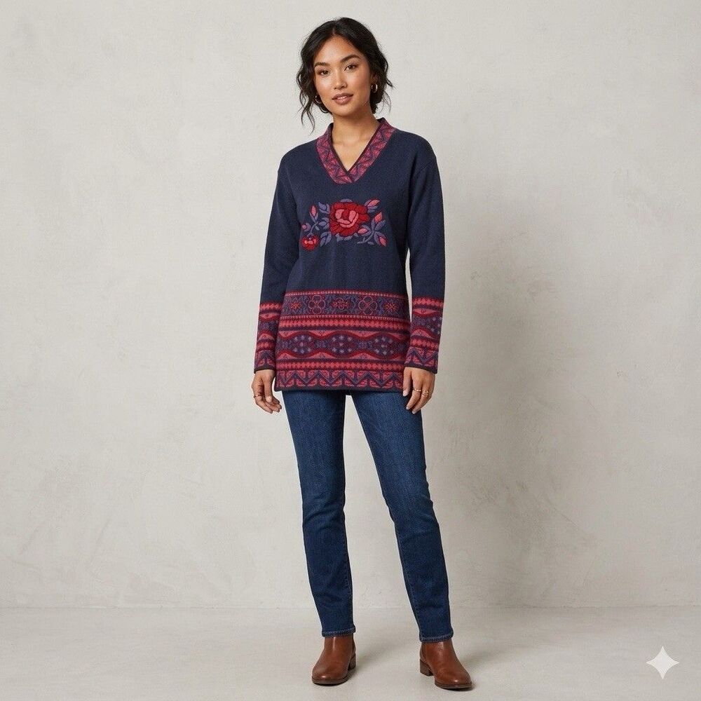 VTG APRIORISETTE Floral Knit Pullover Sweater Sz 6 Nordic Folk Fair Isle Rose